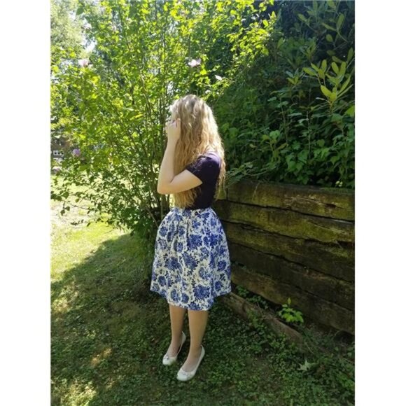 Womens Vintage Floral Pleated Midi Skirt High Waist A Line Skirt with Pockets - Picture 4 of 7